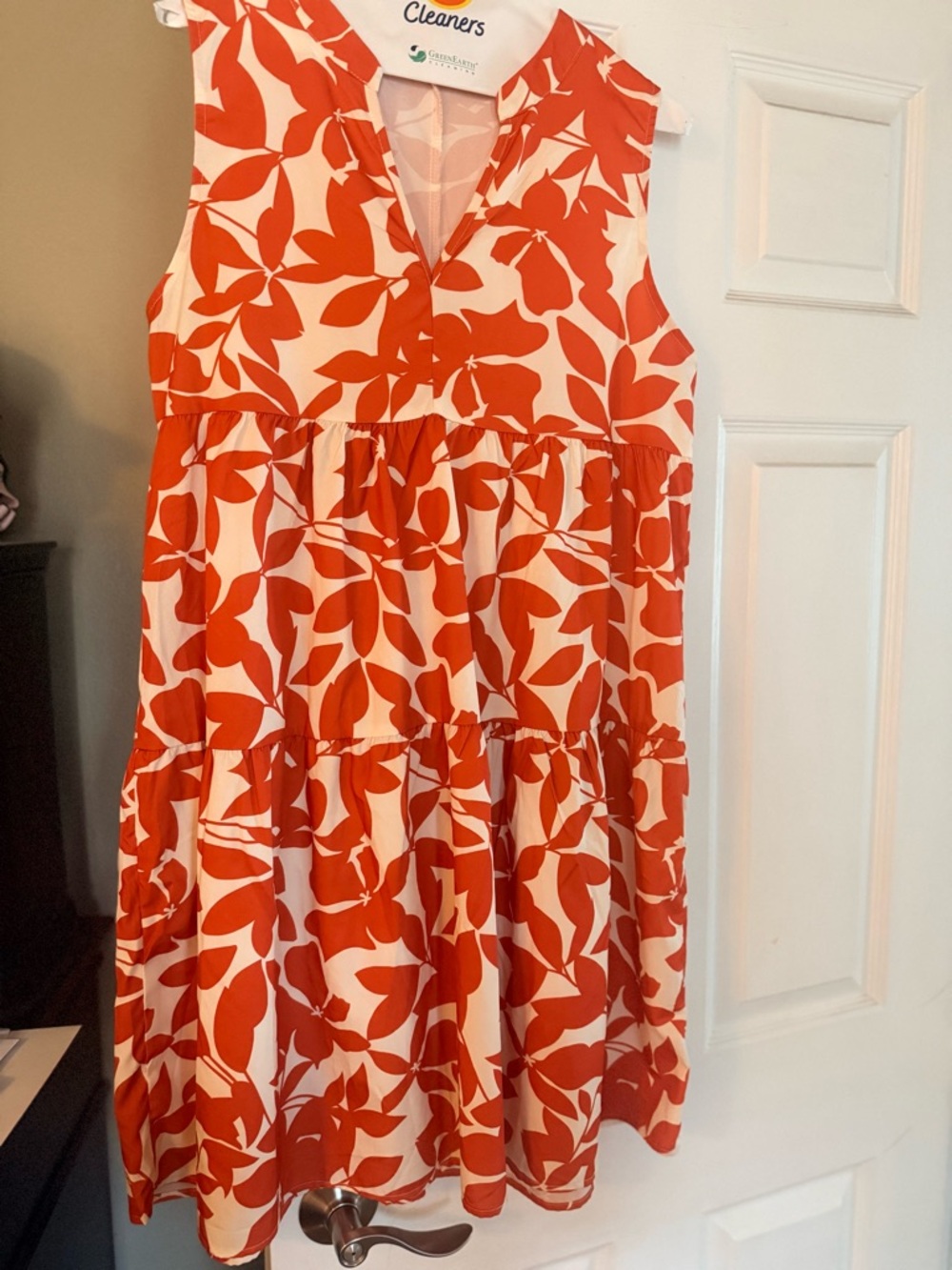 Sleeveless Orange Leaf Print Tiered Dress